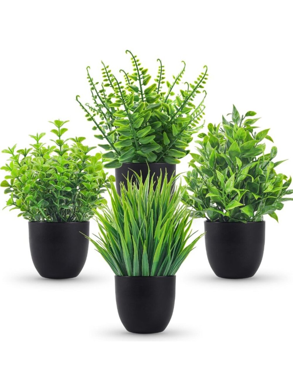 4 Pack Mini Faux Plants in Black Pots - 7" Indoor Decor for Bathroom & Desk
